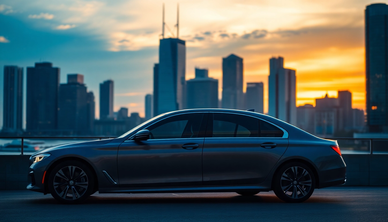 Experience luxury hire car with driver Singapore in a sophisticated sedan against a stunning sunset backdrop.