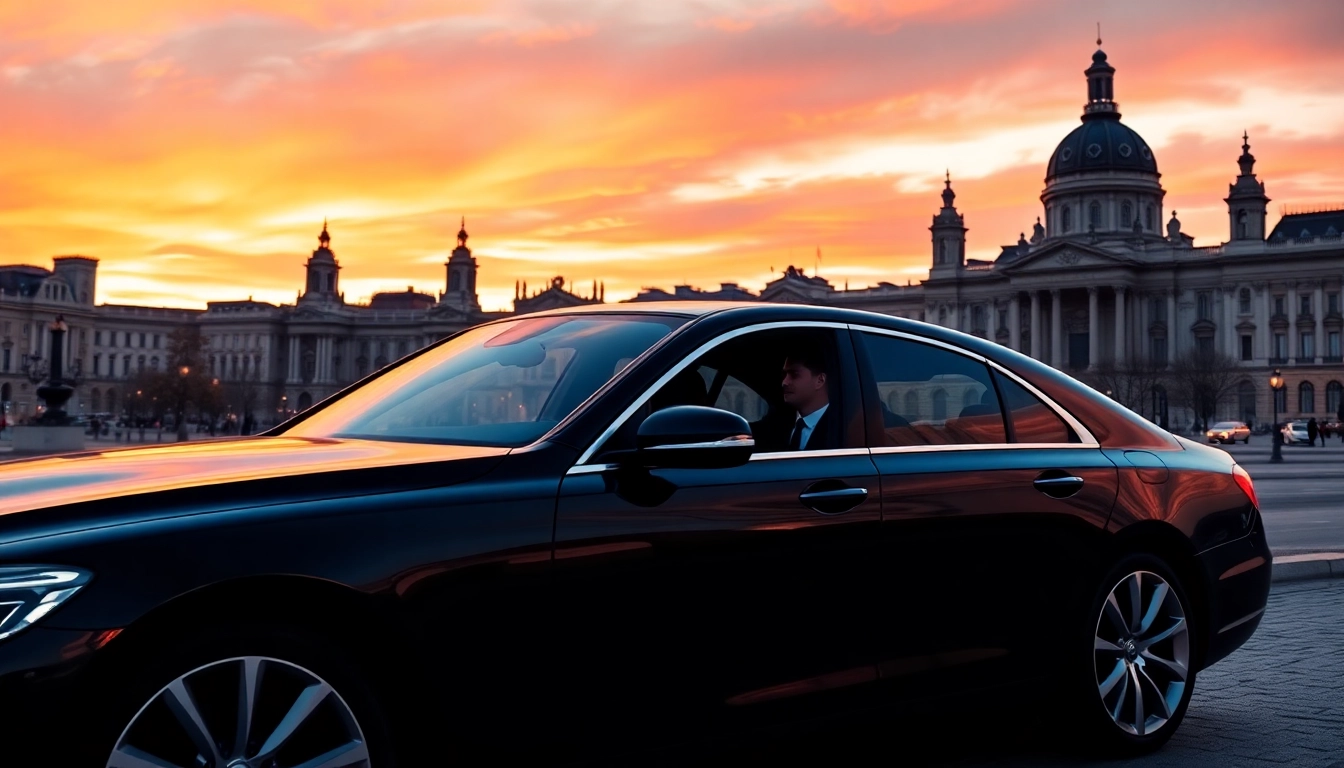 Experience a professional hire car with driver in Madrid, featuring a luxury vehicle near famous local landmarks.