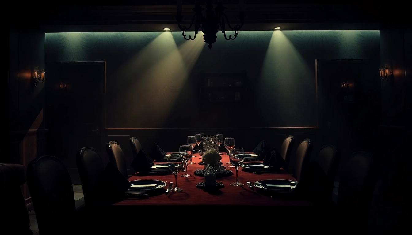 Experience a thrilling krimidinner berlin with an elegant table setting under dim lighting.