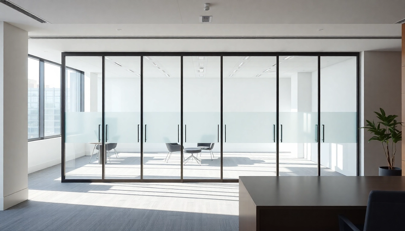 Visualize movable glass partitions creating flexible workspaces with natural light and modern design elements.