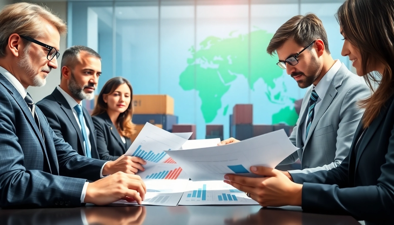 Analyze export tariffs with business professionals reviewing international trade documents amidst global elements.