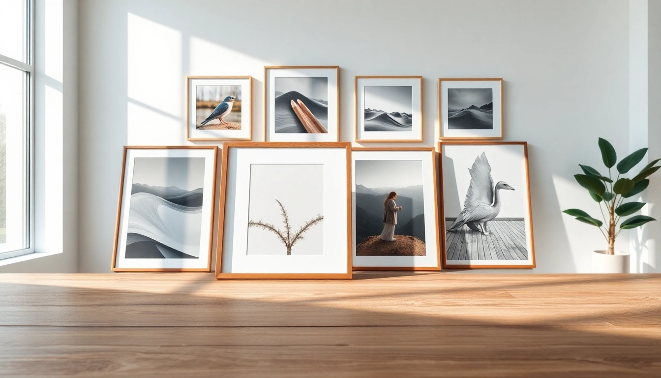 Modern design picture frames artistically displayed on a sleek table in a bright interior.