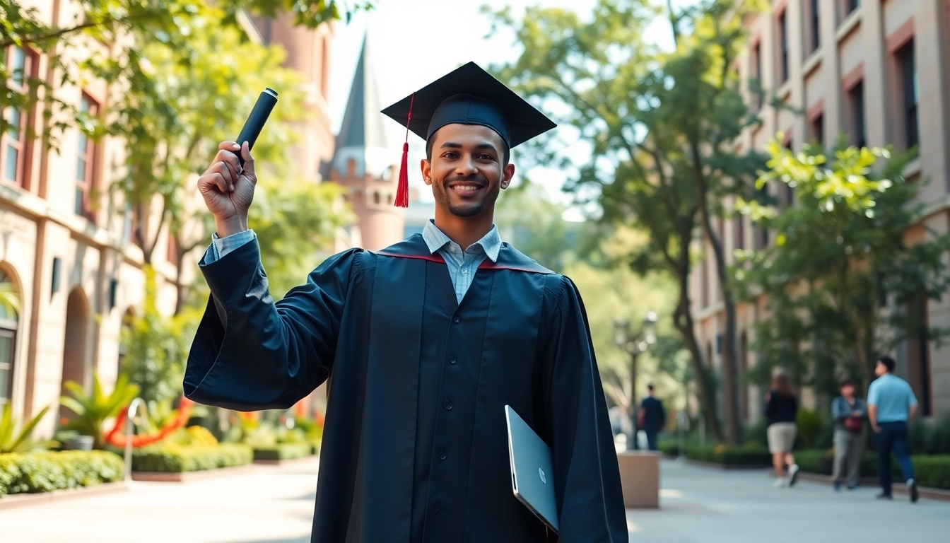 Buy master degree UK holder celebrating graduation with their diploma on campus.