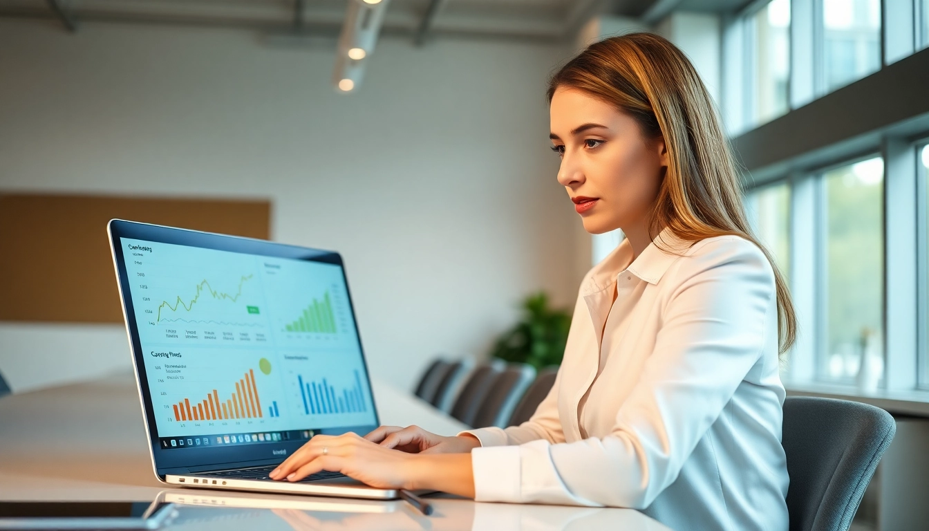 Analyze competitor pricing strategies effectively with a focused business woman in a modern office.