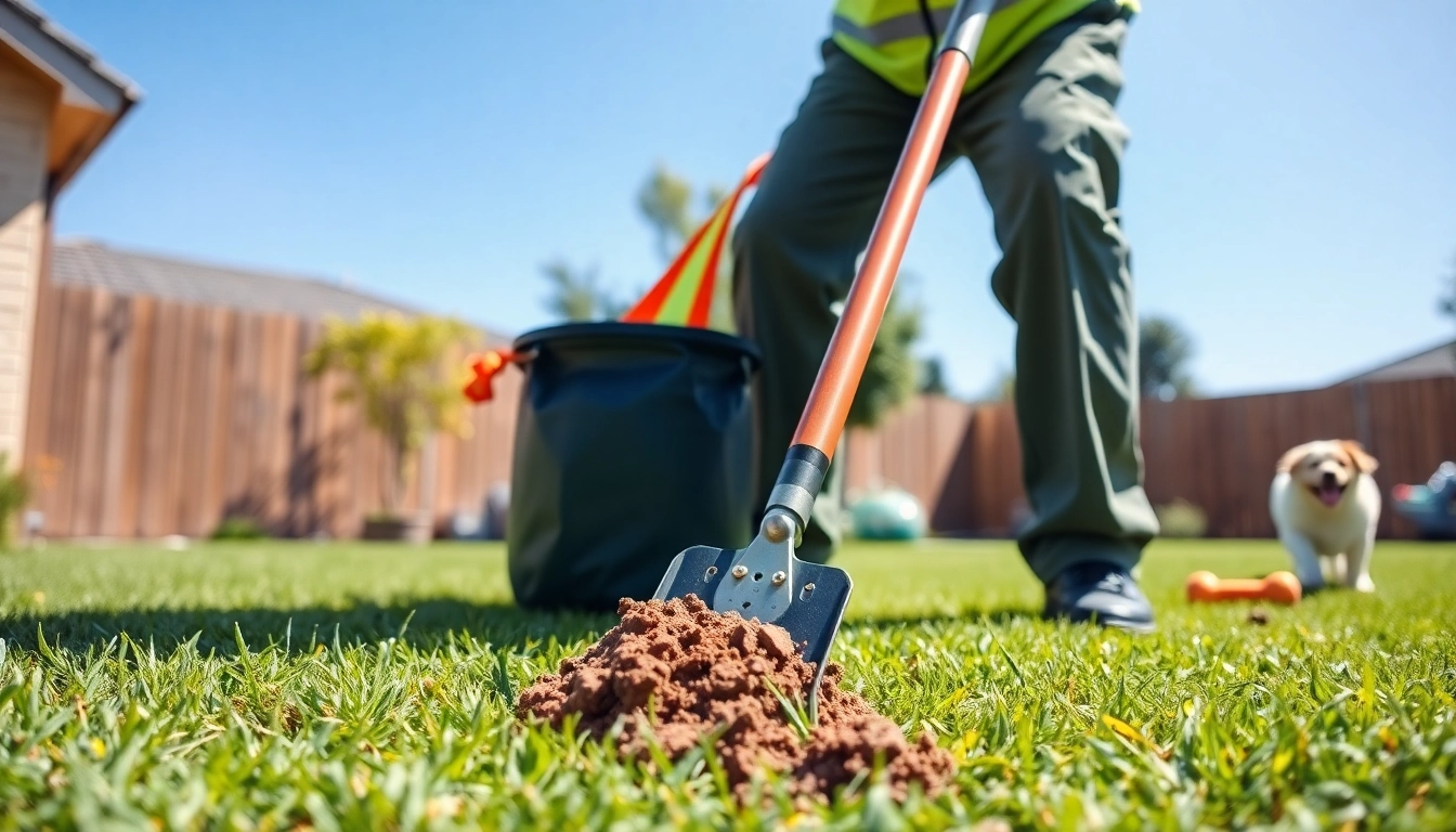 Weekly dog poop scooping performed by a professional in a clean backyard environment.