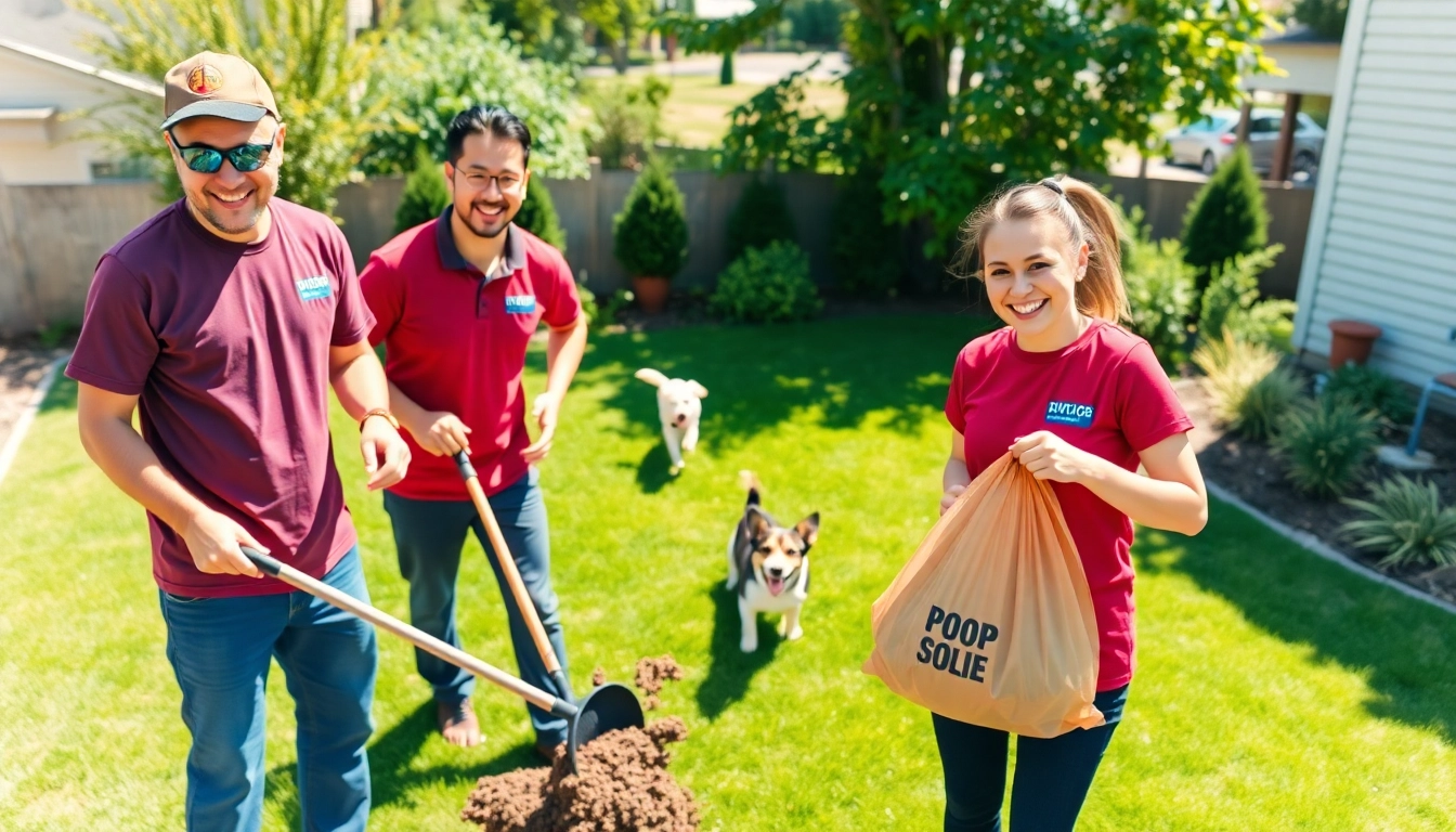 Dog poop pickup team efficiently cleaning a backyard with happy dog in the background.