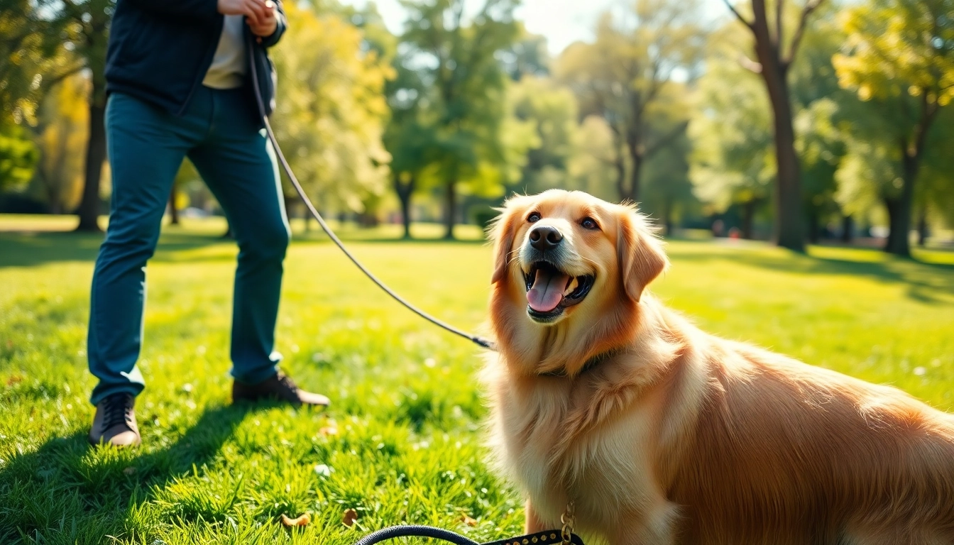 Engaging dog training session showcasing Dog Training Irvine excellence with a cheerful golden retriever and its focused trainer.