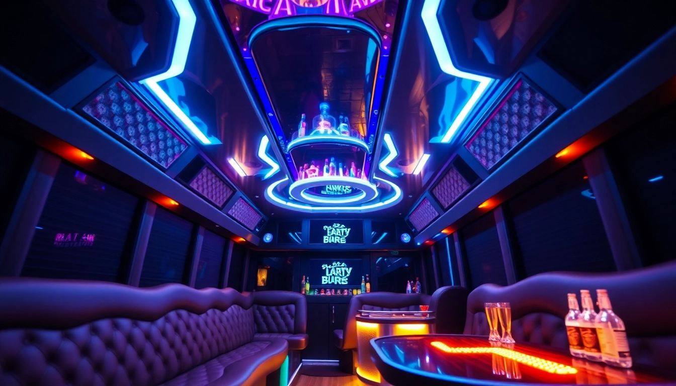 Elegant Atlanta party bus with plush seating and vibrant lighting inviting a night out.