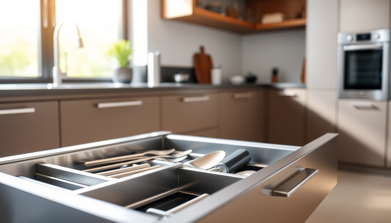 Showcase of a Metal Drawer System with smooth organization in a contemporary kitchen atmosphere.