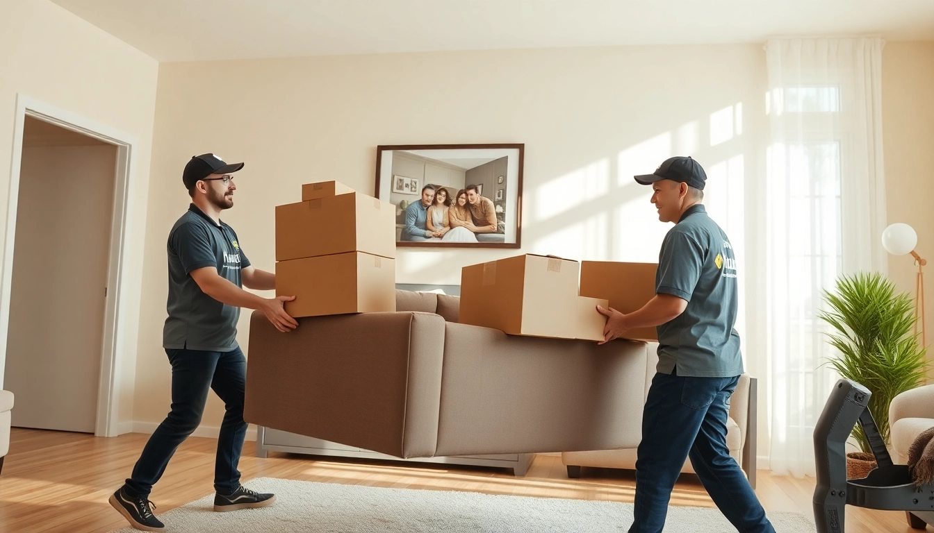 House moves by professional movers packing items into a truck in a bright living room.