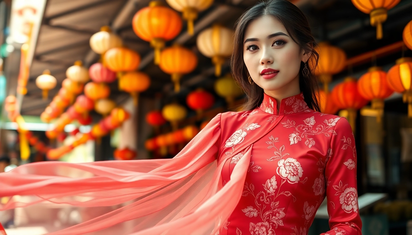 Model showcasing a beautiful Vietnamese Áo Dài in a vibrant market setting.