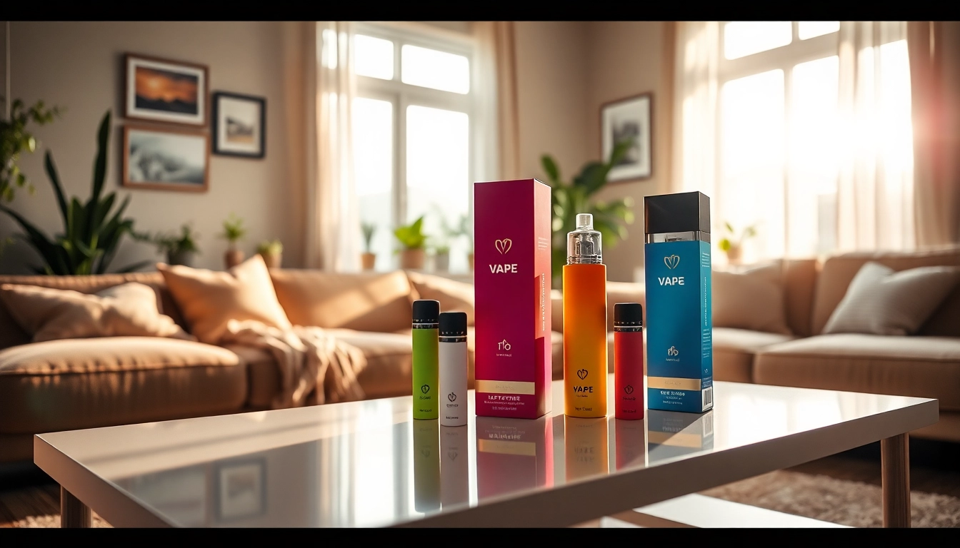 Showcase vape no nicotine products artistically arranged in a modern living room, emphasizing relaxation.