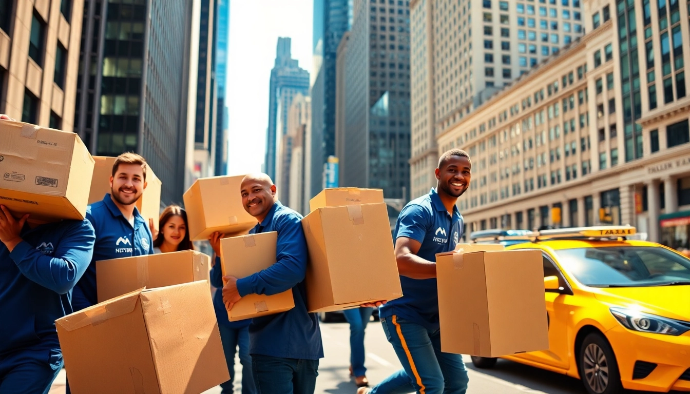 Professional movers from a Manhattan moving company efficiently handling boxes on a busy street.