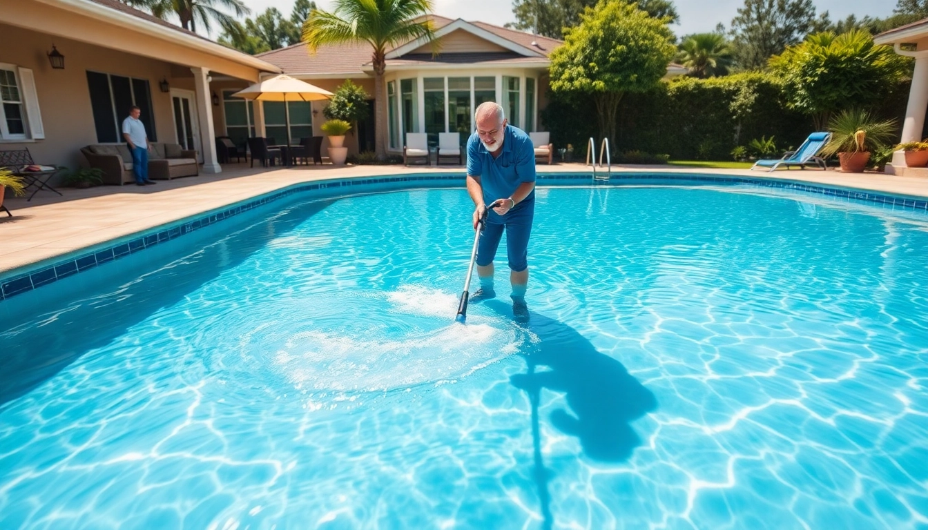 Experience top-notch pool service near me with a skilled technician maintaining a sparkling pool.