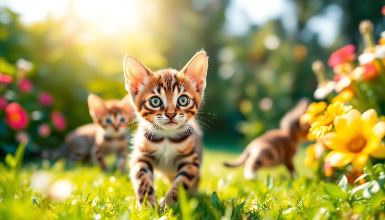 View playful Bengal kittens highlighting Bengal Breeders Orange County in a vibrant garden setting.