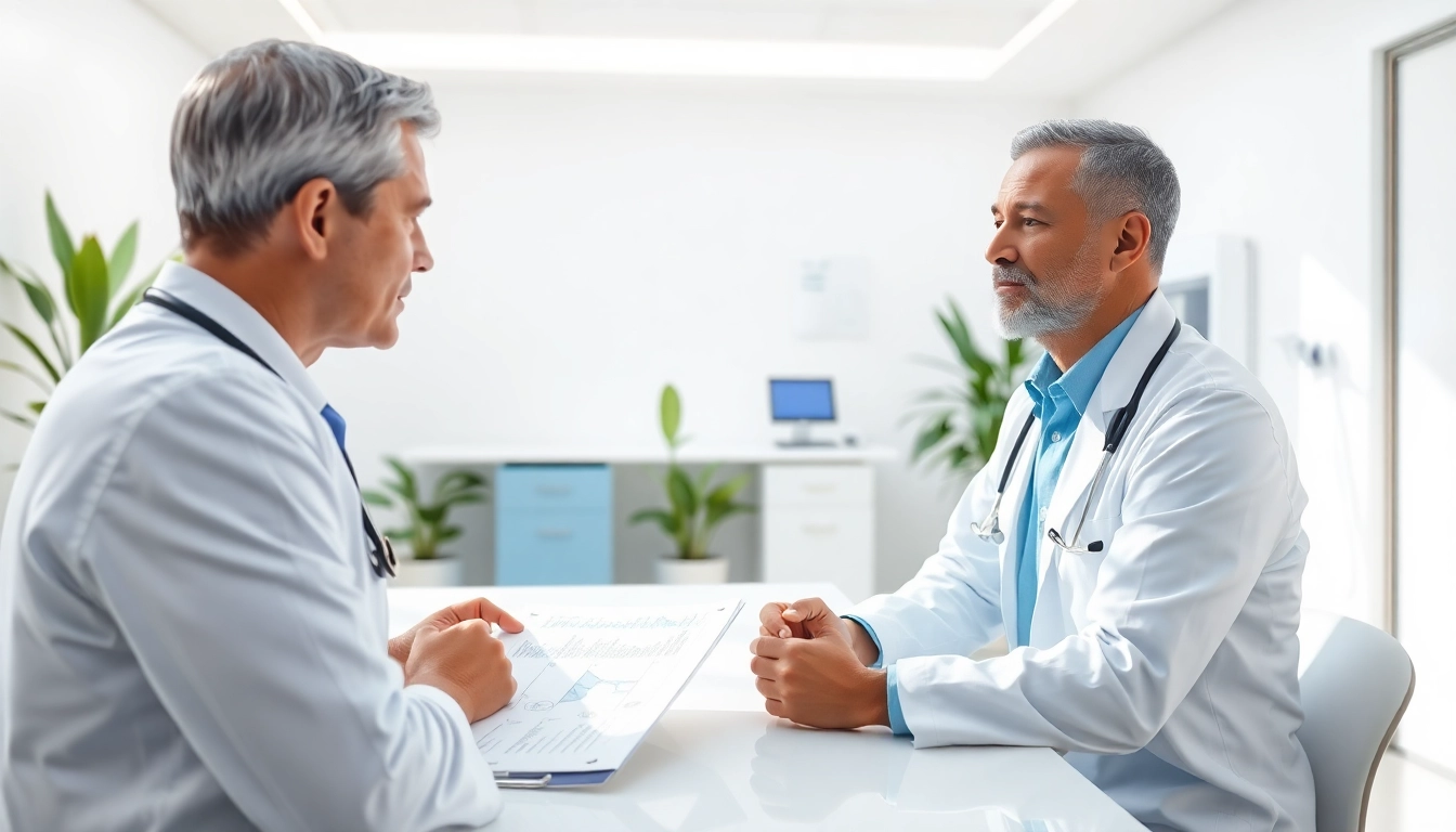 Engaged healthcare discussion on Peptide Therapy between a doctor and a patient in a modern clinic.