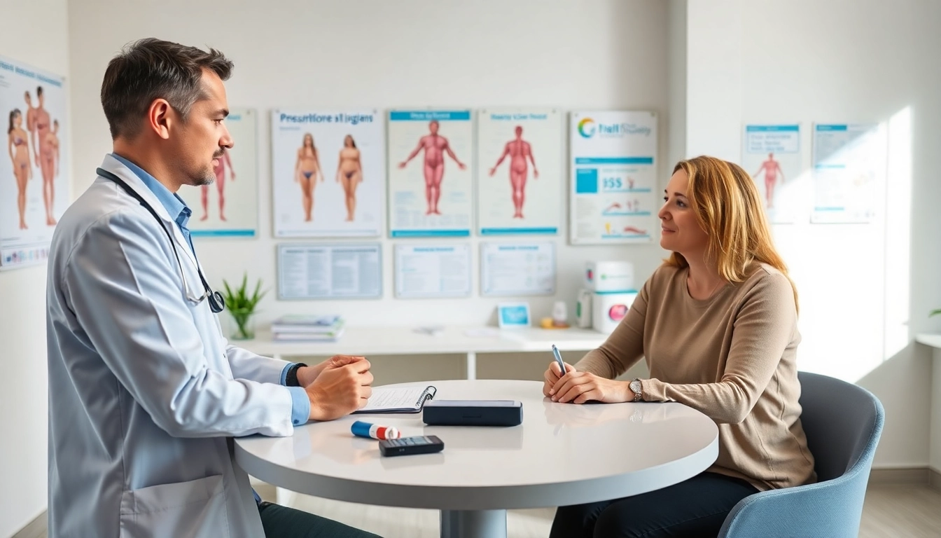 Discussing prescription weight loss drugs in a modern medical office with a doctor and patient.
