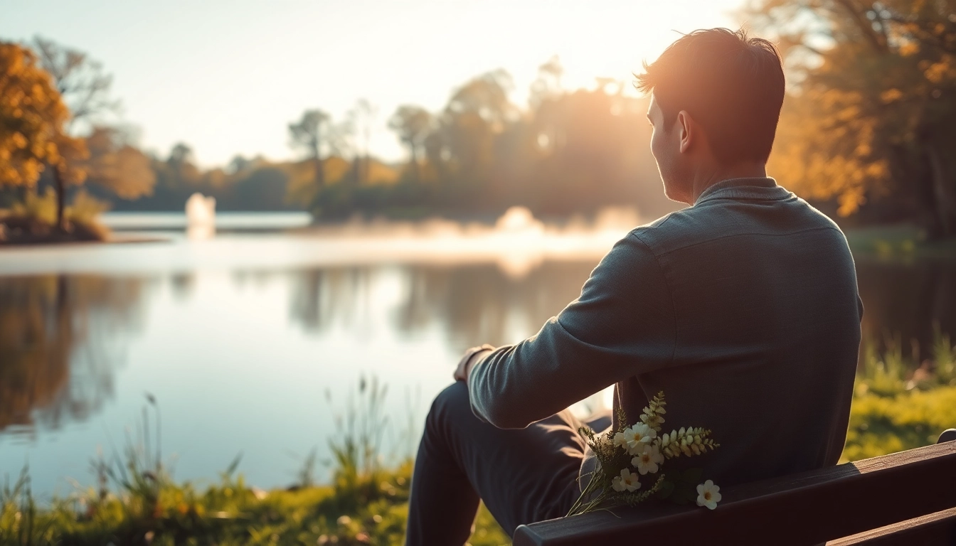 Person dealing with grief by a peaceful lake, reflecting on memories and healing.