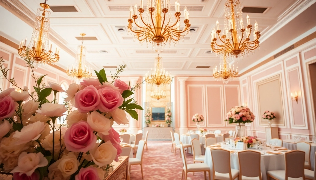 Capture the elegance of le prestige hall, showcasing a beautifully decorated event space with luxurious details.