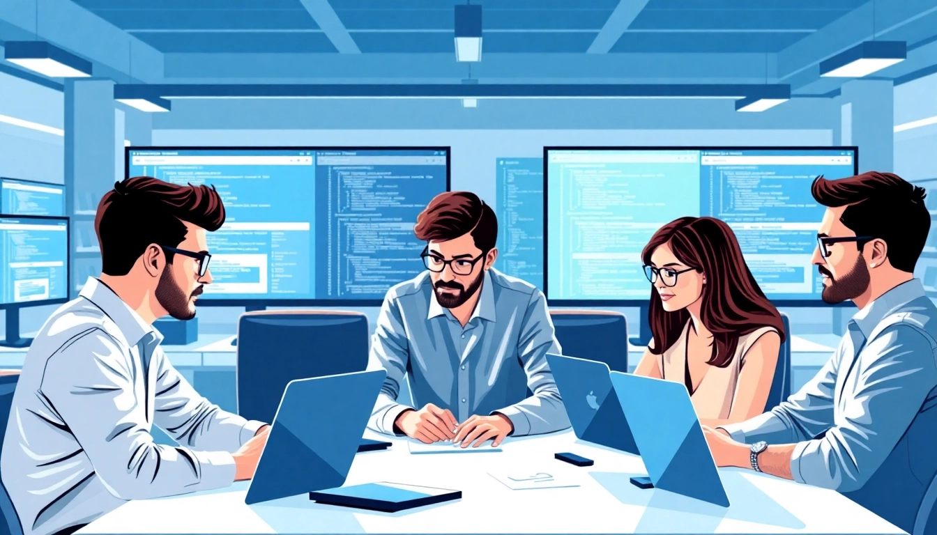 Developers collaborating on web development projects in a modern office setting.