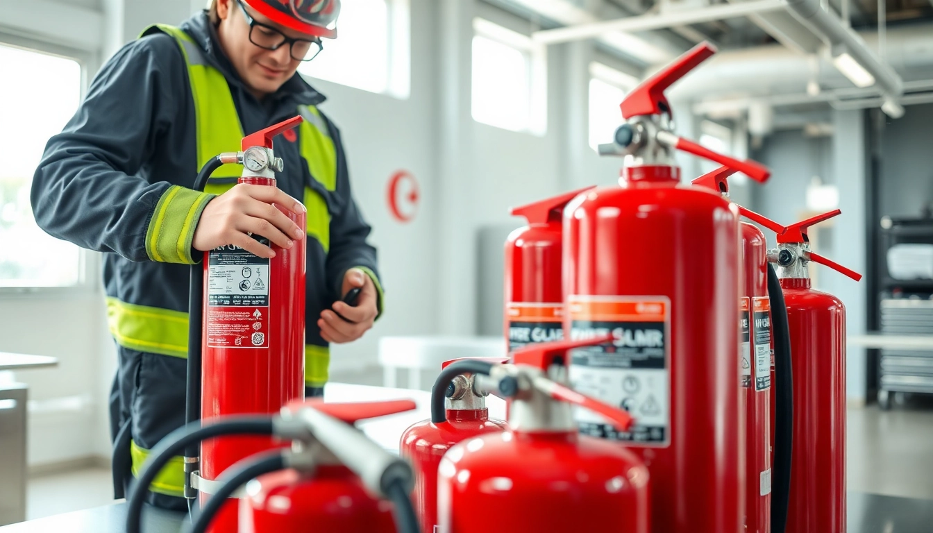 Ensuring fire extinguisher maintenance by a technician examining safety equipment in a bright environment.