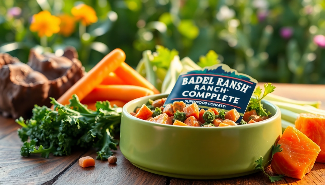 Dog enjoying Badlands Ranch Superfood Complete with fresh ingredients around it.