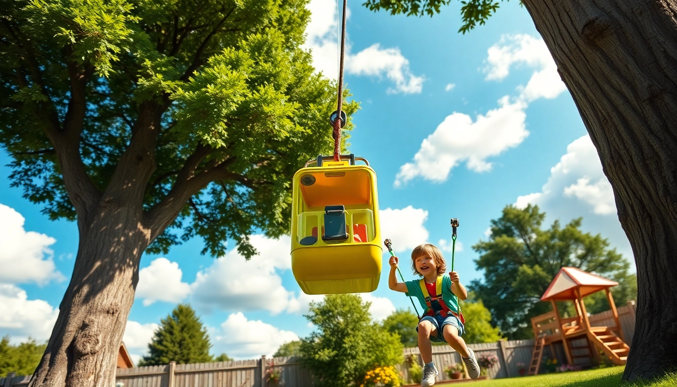 Engaging view of ZIP WIRE KITS setup with children playing joyfully in a vibrant, safe backyard.