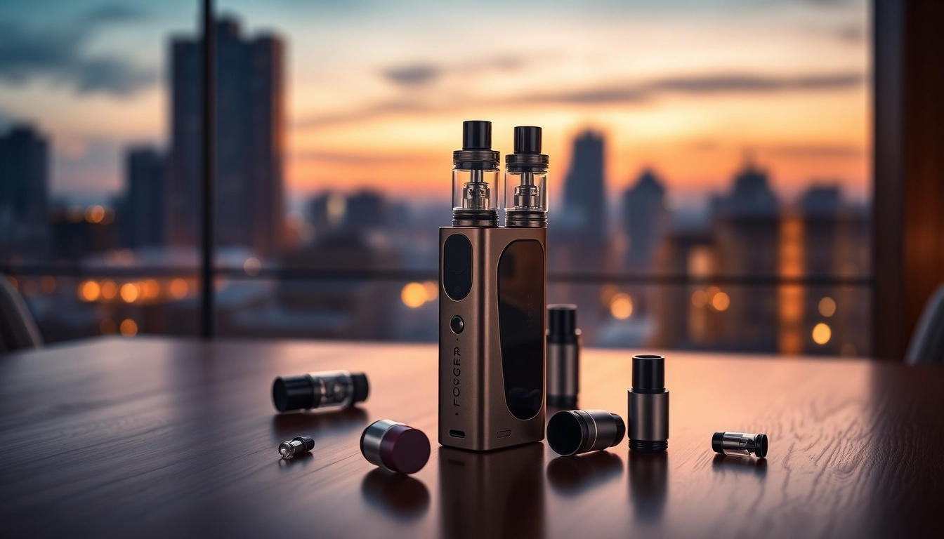 Showcasing the Foger Switch Pro Kit with illuminated display on a stylish wooden table.