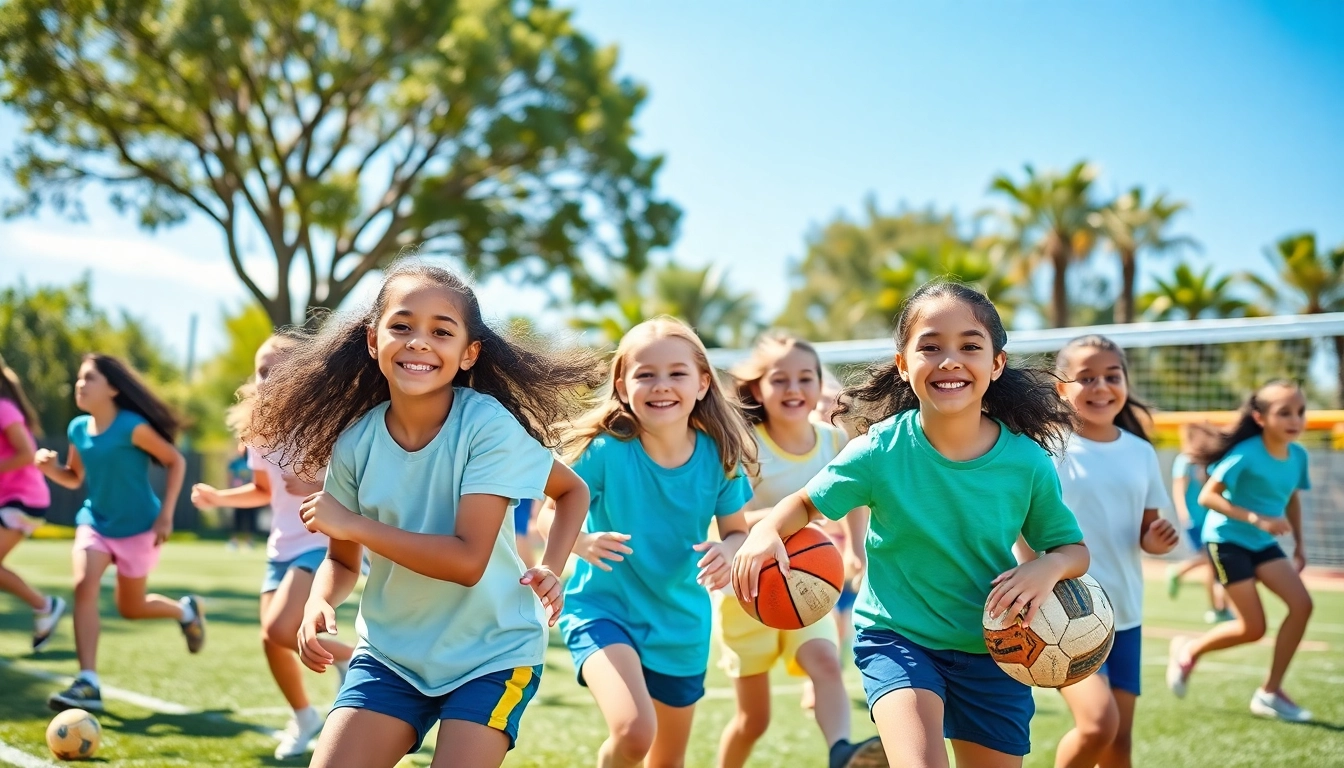 Active girls enjoying Multi Sports Camps for Girls, participating in soccer, basketball, and teamwork.