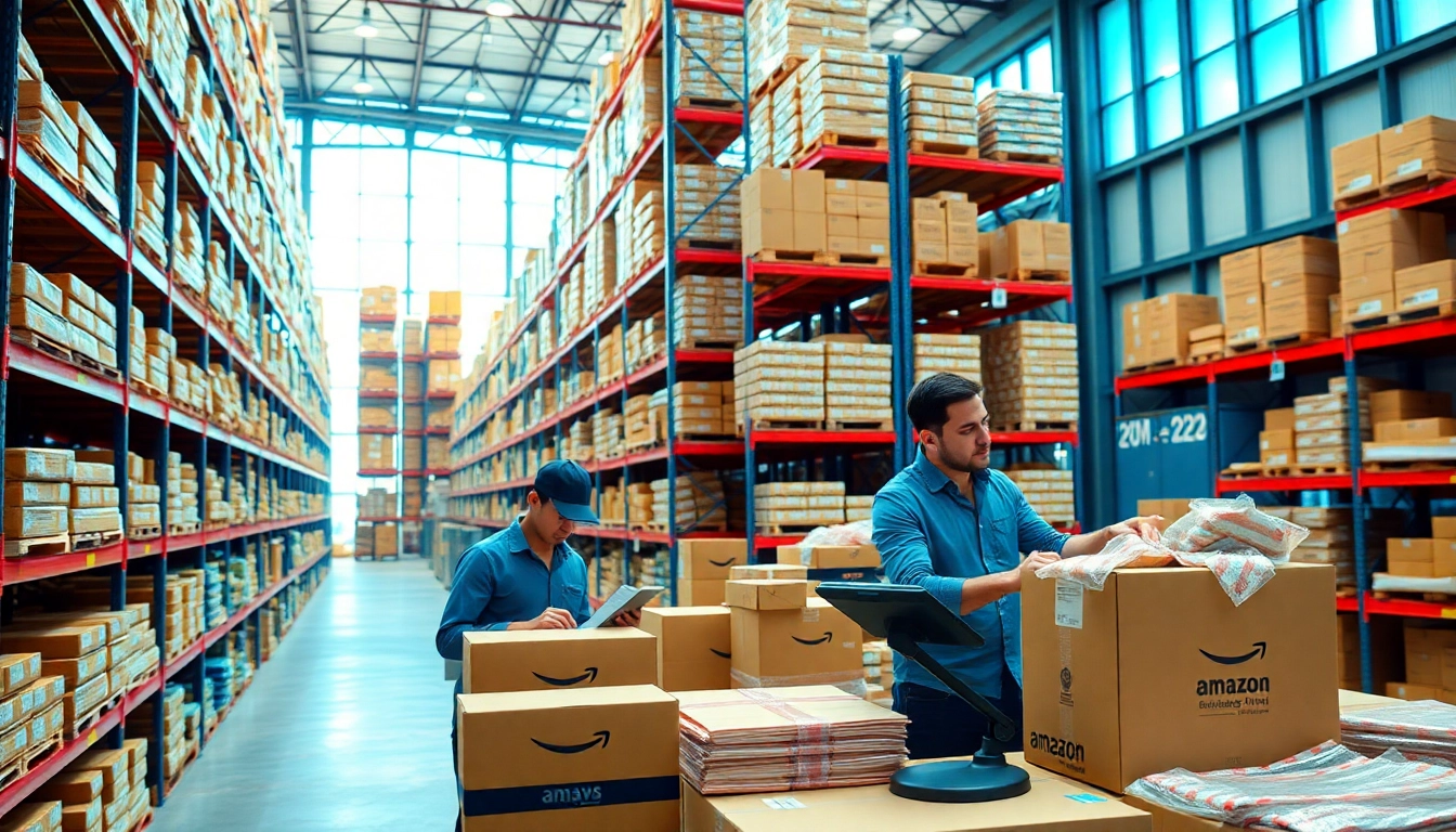 Streamlined operations in an amazon business wholesale warehouse with vibrant colors and efficient layouts.