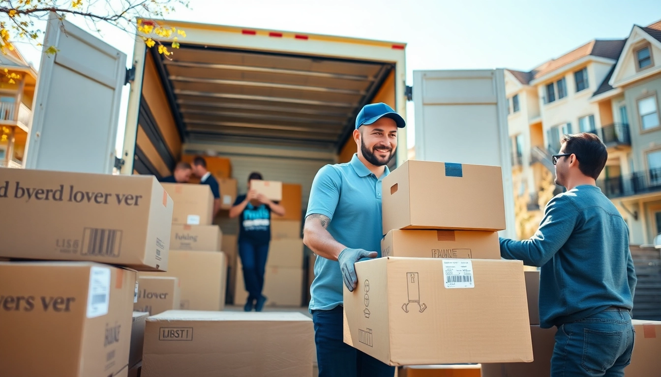 Experienced Queens movers efficiently loading boxes into a truck in a sunny neighborhood.