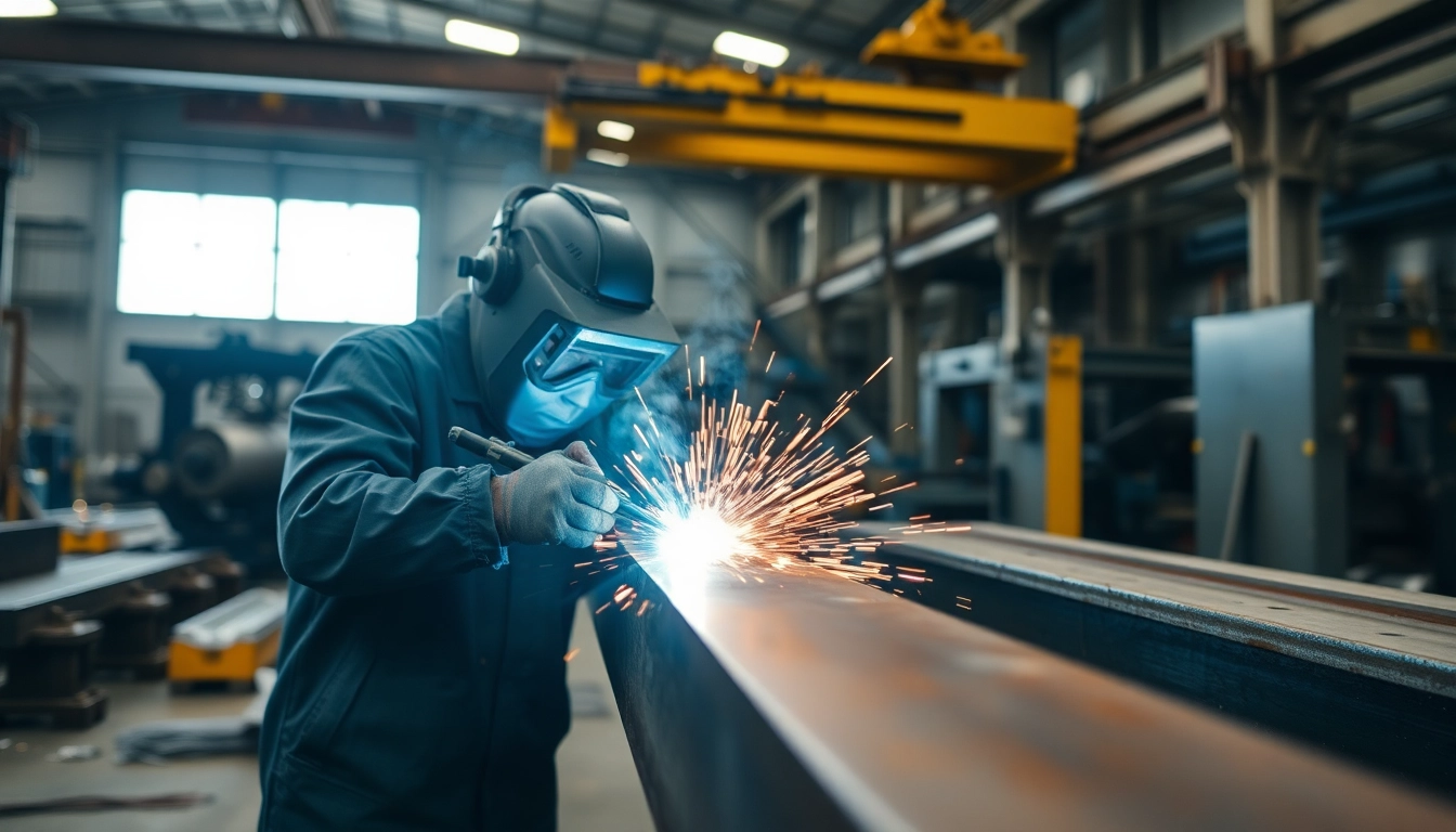 Welder expertly engaged in structural steel welding, demonstrating skillful technique amidst an industrial environment.