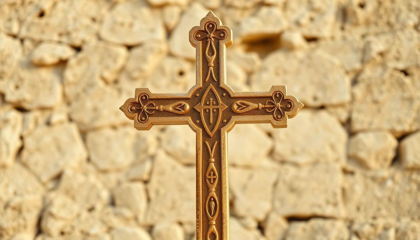 Showcase the intricate Jerusalem crosses design illuminated against a historic backdrop, emphasizing spirituality.