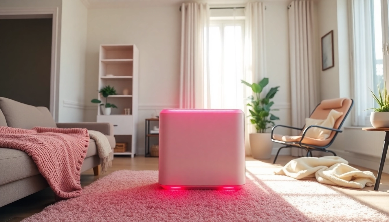 Engaging red light therapy at homeull body device enhancing wellness in a relaxing home setting.