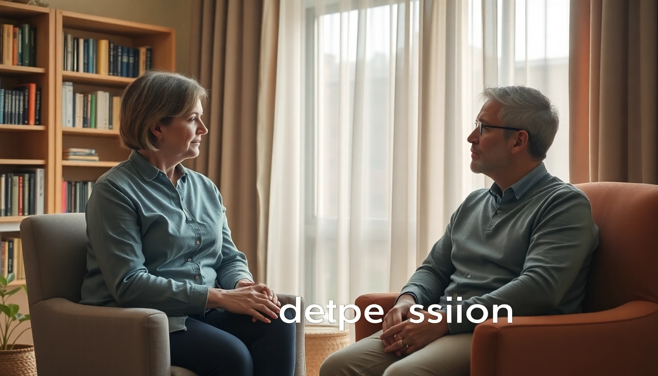 Therapist helping a young man dealing with depression in a comforting office setting.