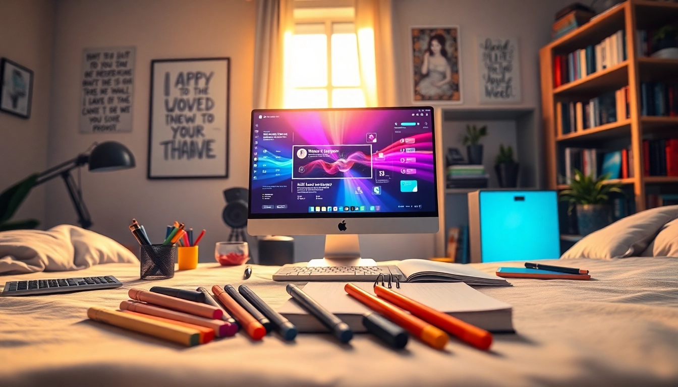 Engaging visual of creative workspace showcasing KlingAI Prompts in use with bright digital artworks.