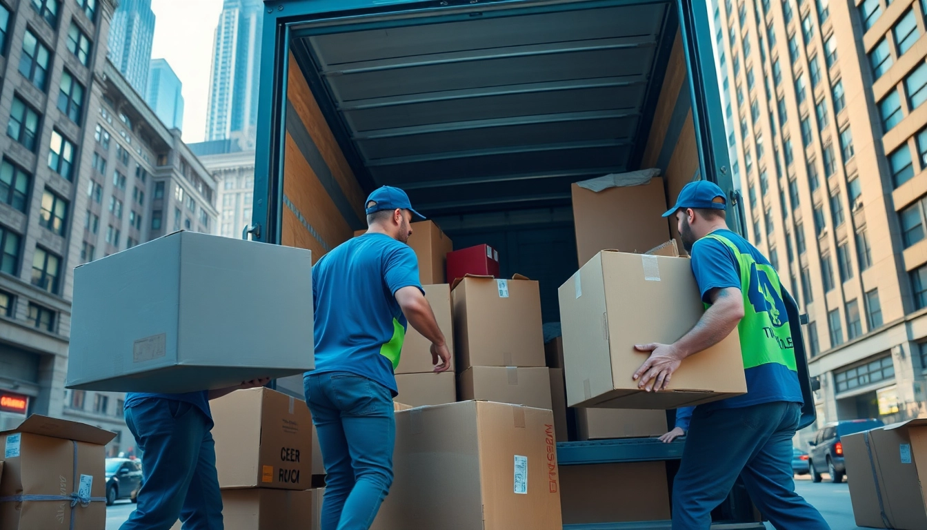 Dynamic scene of a Manhattan moving company team loading furniture into a truck, showcasing professionalism and energy.