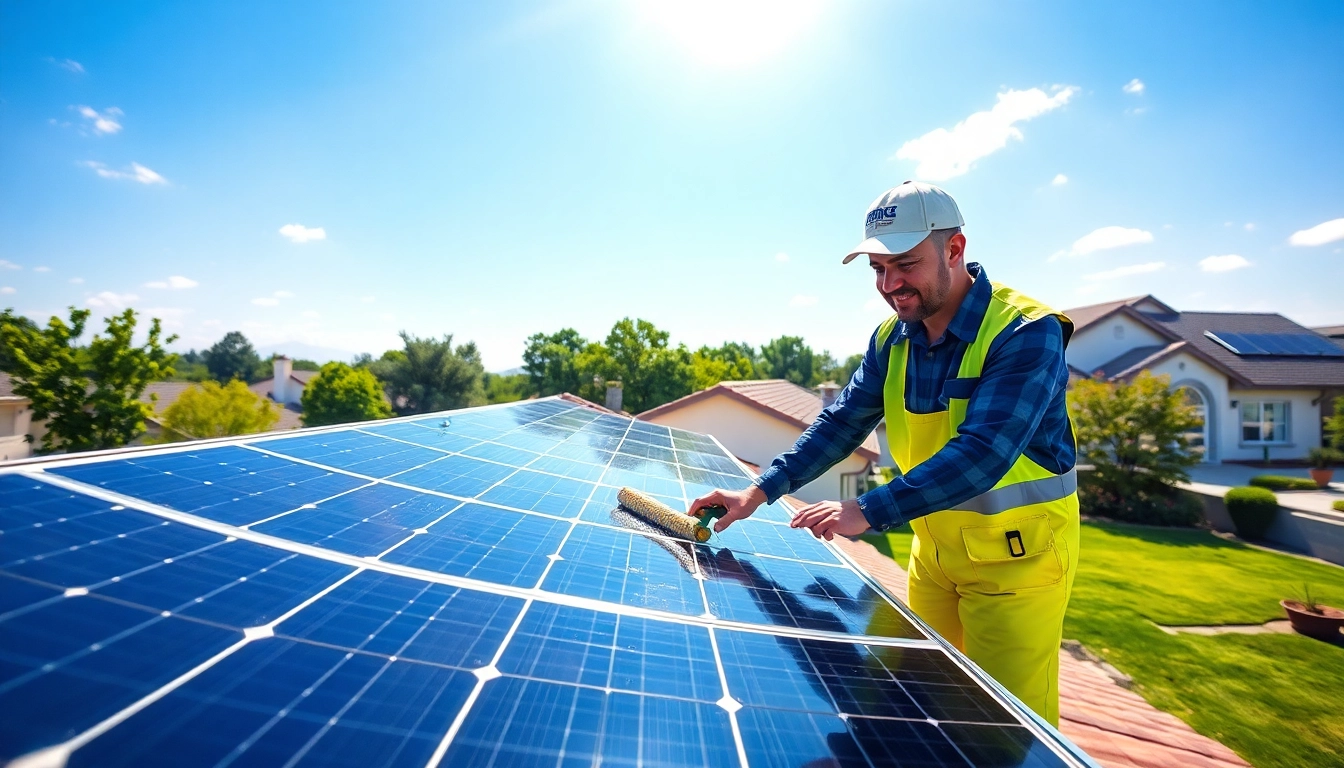 Affordable solar panel cleaning Phoenix with a technician expertly cleaning panels on a sunny rooftop.