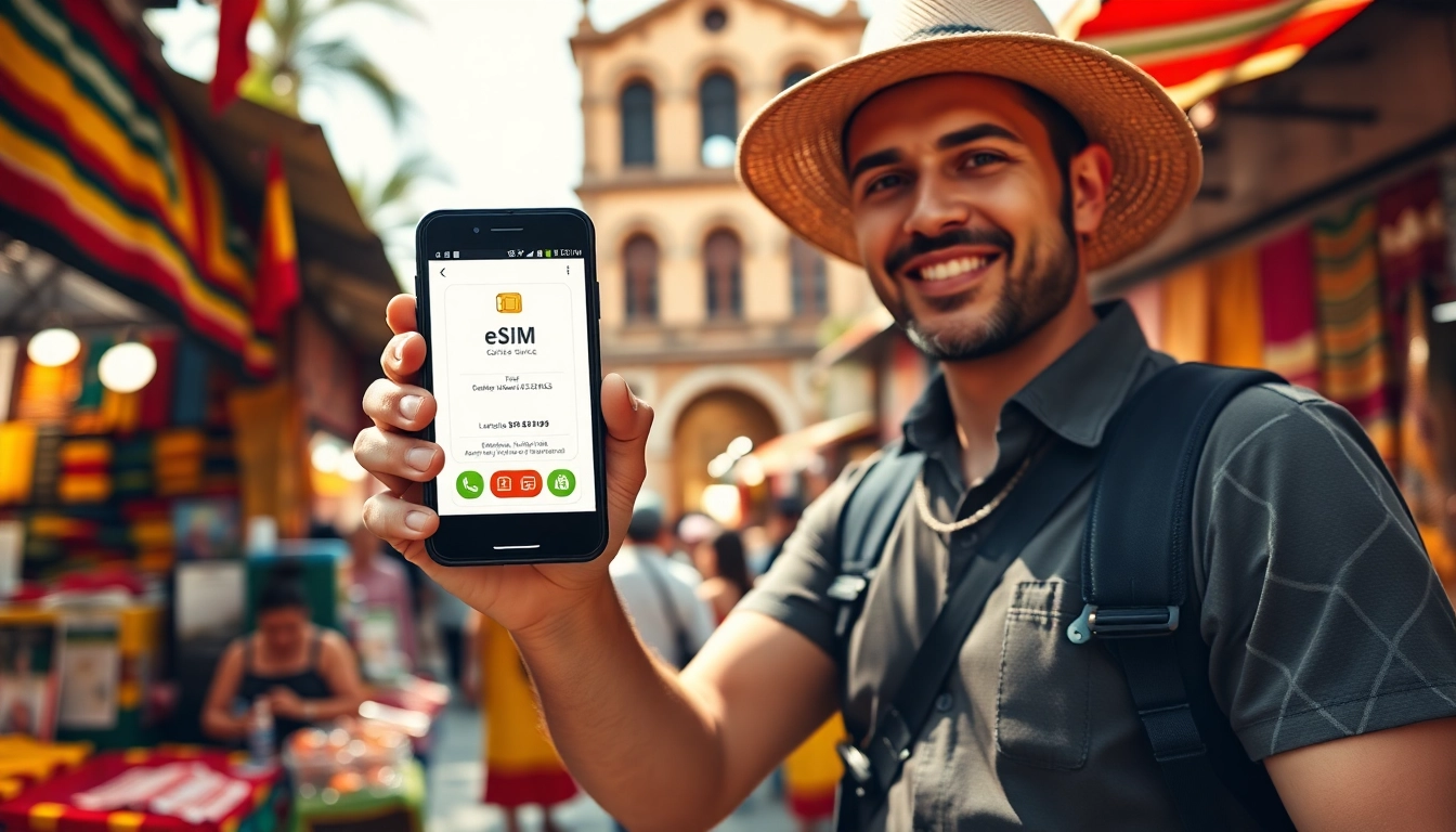 Interactuando con Mexico esim en un colorido mercado mexicano.