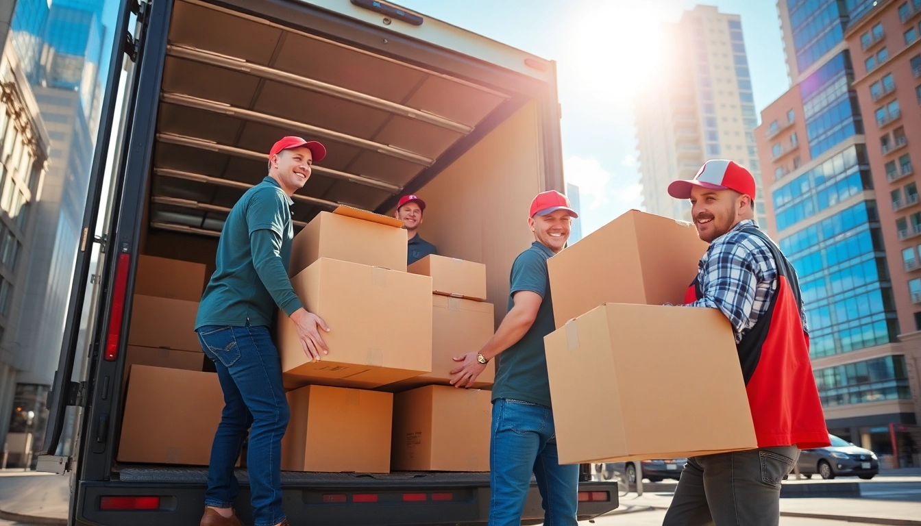 Movers Calgary team efficiently loading boxes in a bright urban environment.