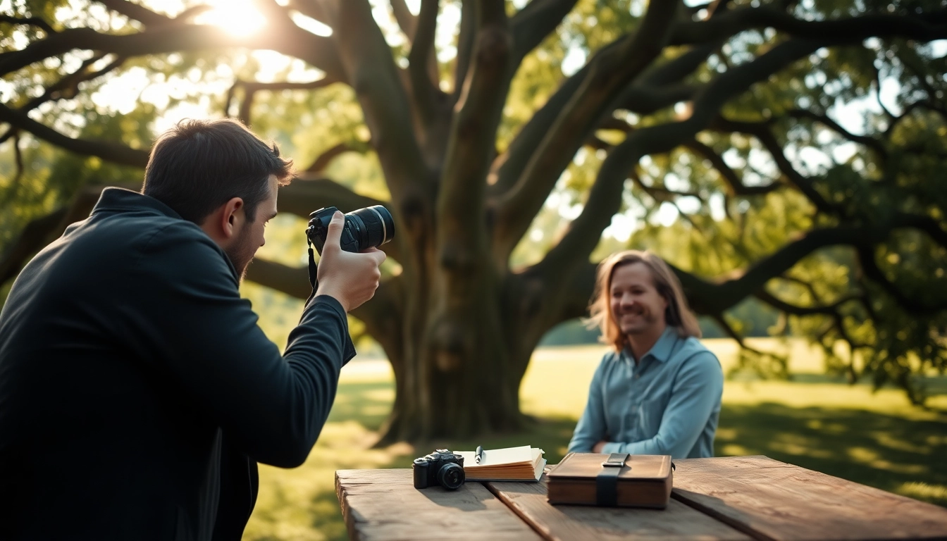 Professional Photographer capturing a client outdoors with natural lighting and warm tones.