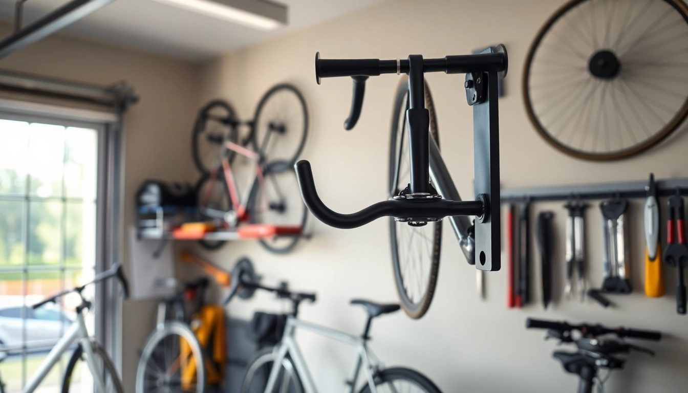 Stylish bicycle wall hanger displaying a modern design and organization for cycling gear.