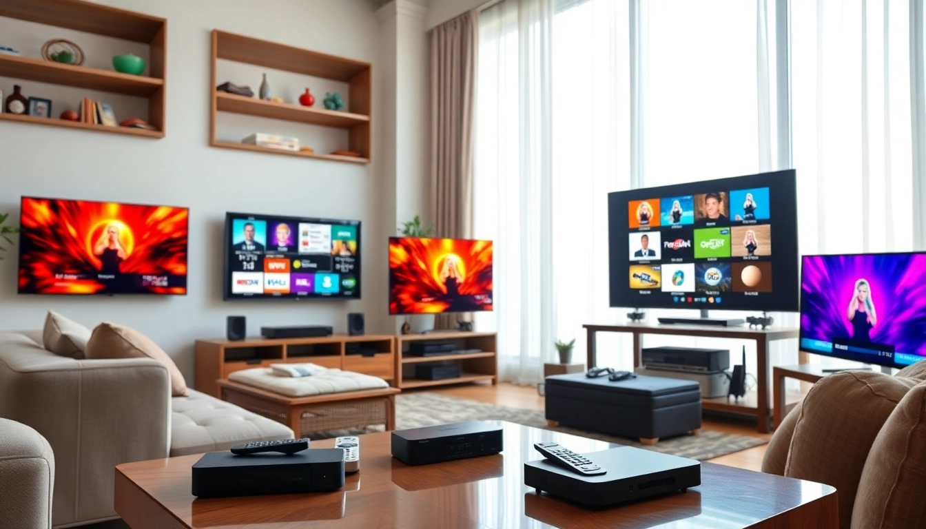 Comprar Listas IPTV en una configuración moderna con múltiples pantallas que muestran varios canales.