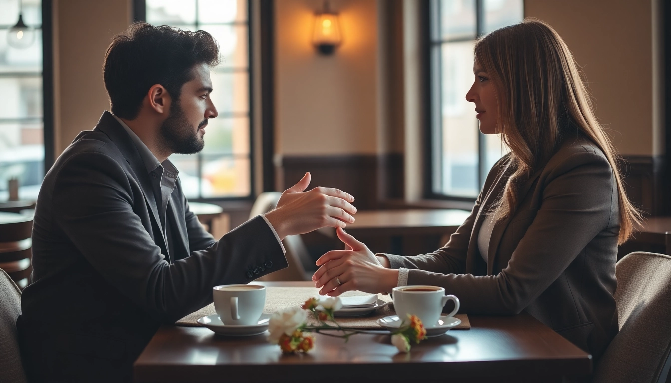 Couple engaging in passionate communication in relationships at a cozy café.