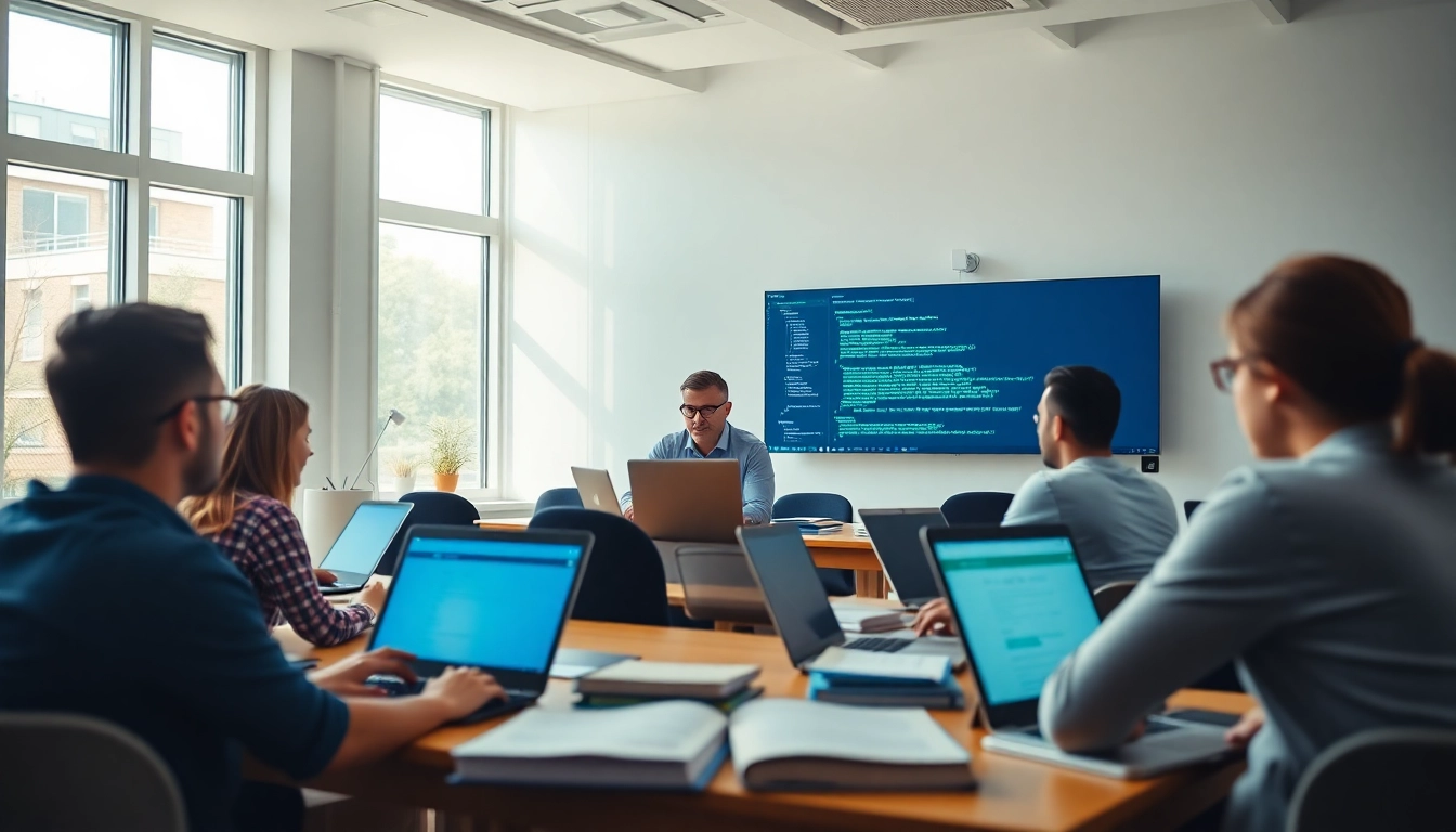Engaged students in PHP developer training online with a professional instructor showcasing coding techniques.