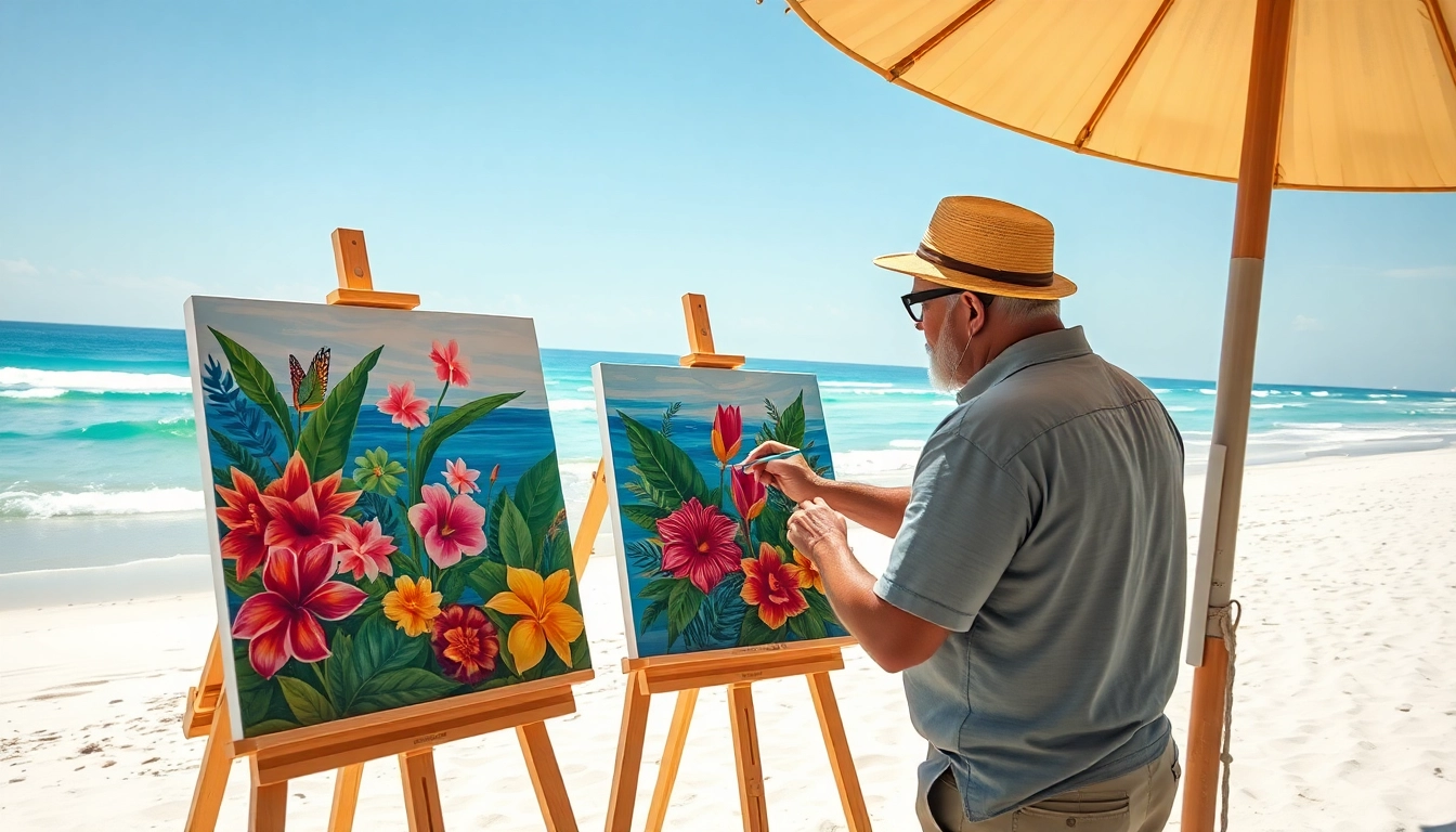 Showcase of Art on 30a in a vibrant beach setting with local flora and artists at work.