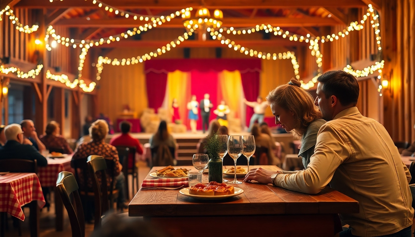 Enjoying a meal at a cozy barn dinner theater with lively performances in Greensboro, NC.