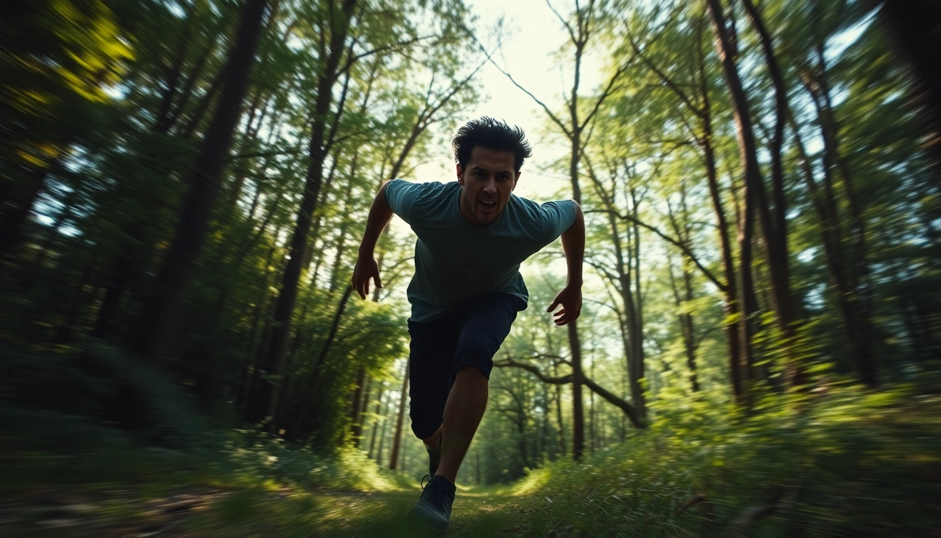 Depicting fight or flight, a sprinting figure embodies urgent energy in a forest.